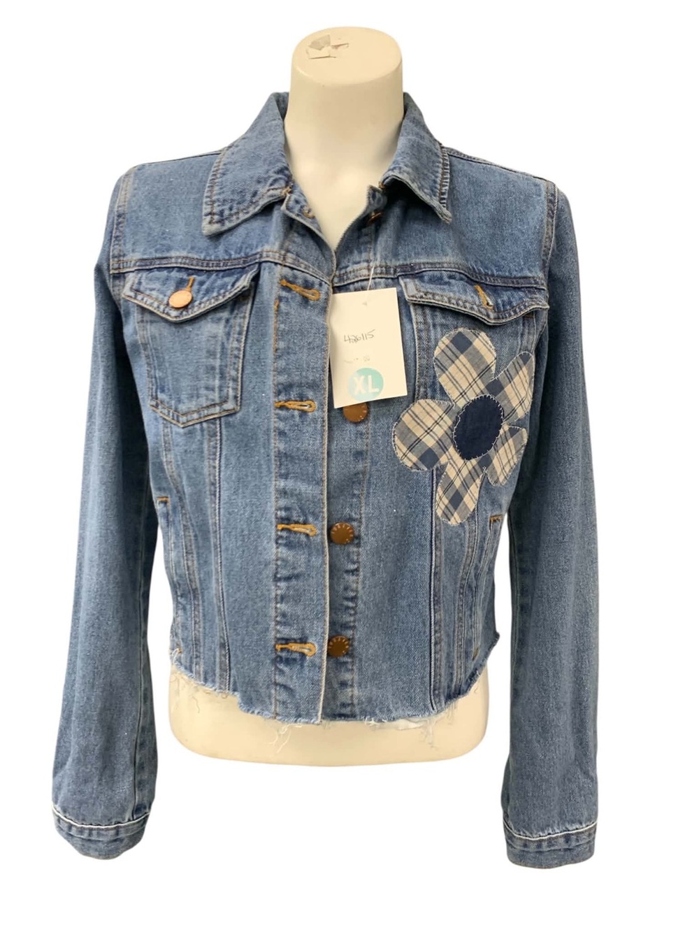 Forever 21 Light Blue Denim Jacket with Plaid Flower Patch Size S